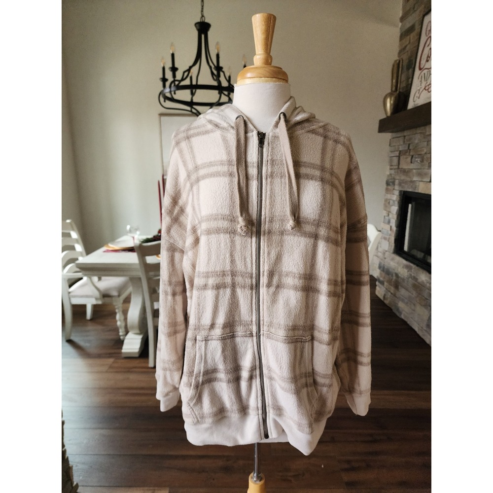 Vintage Havana Plaid Zip‎ Up Hoodie Sweatshirt Cream Brown Women's Size S